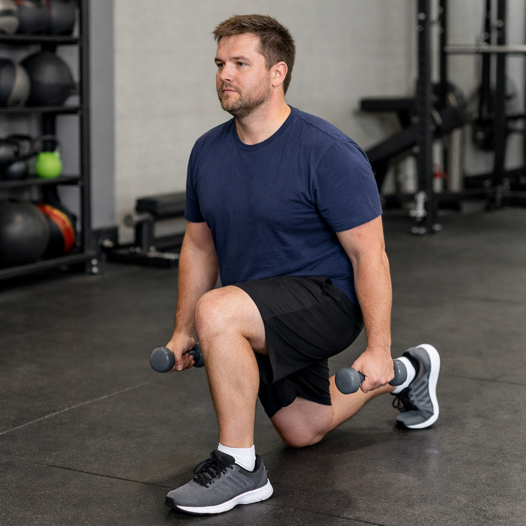 Semi Unfit Male Lunge with Dumbbells-1